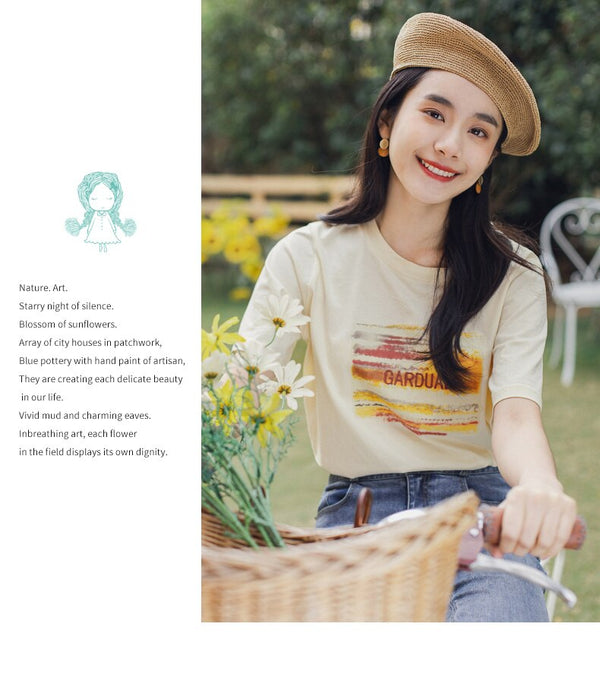 Retro Style Summer New Arrival Pure Cotton Letters Embroidered Leisure Short Sleeve T-shirt | Vimost Shop.