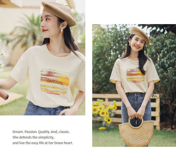 Retro Style Summer New Arrival Pure Cotton Letters Embroidered Leisure Short Sleeve T-shirt | Vimost Shop.