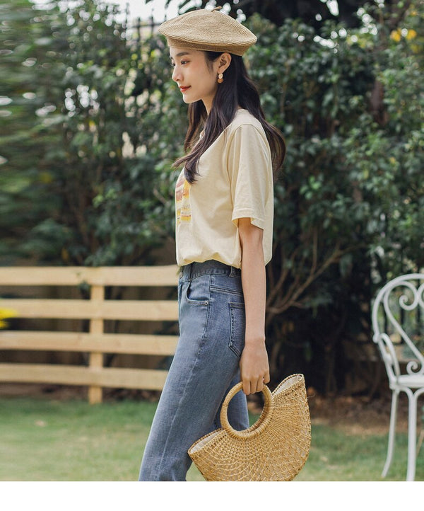 Retro Style Summer New Arrival Pure Cotton Letters Embroidered Leisure Short Sleeve T-shirt | Vimost Shop.