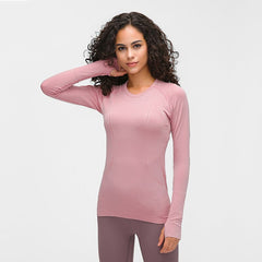 Seamless Slim Fit Yoga Shirts Workout Long Sleeved Shirts Women O-neck Sports Gym Fitness Tops with Thumb Holes Workout Top