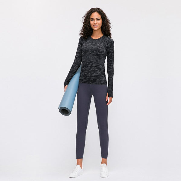 Seamless Slim Fit Yoga Shirts Workout Long Sleeved Shirts Women O-neck Sports Gym Fitness Tops with Thumb Holes Workout Top | Vimost Shop.