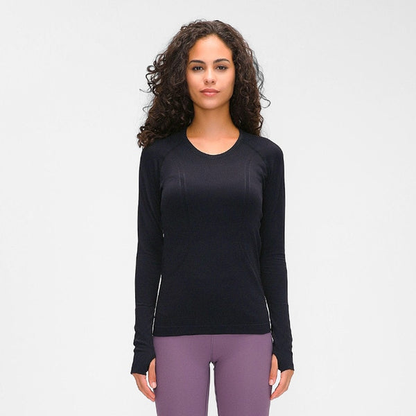Seamless Slim Fit Yoga Shirts Workout Long Sleeved Shirts Women O-neck Sports Gym Fitness Tops with Thumb Holes Workout Top | Vimost Shop.