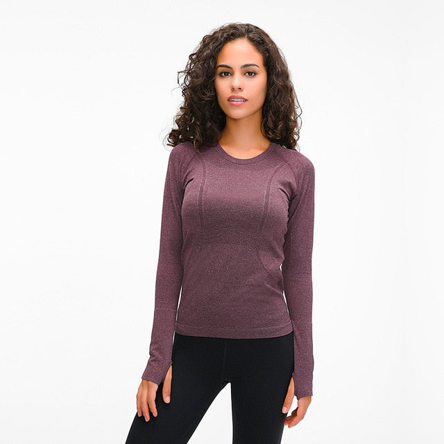Seamless Slim Fit Yoga Shirts Workout Long Sleeved Shirts Women O-neck Sports Gym Fitness Tops with Thumb Holes Workout Top | Vimost Shop.