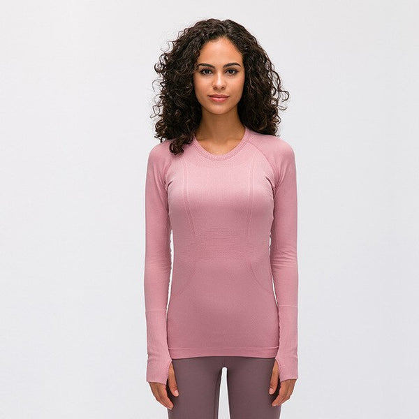 Seamless Slim Fit Yoga Shirts Workout Long Sleeved Shirts Women O-neck Sports Gym Fitness Tops with Thumb Holes Workout Top | Vimost Shop.