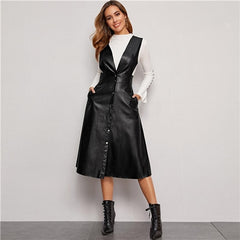 Plunging Neck Button Front PU Overall Dress Women Spring High Waist Sleeveless Fit and Flare Pinafore Elegant Long Dresses