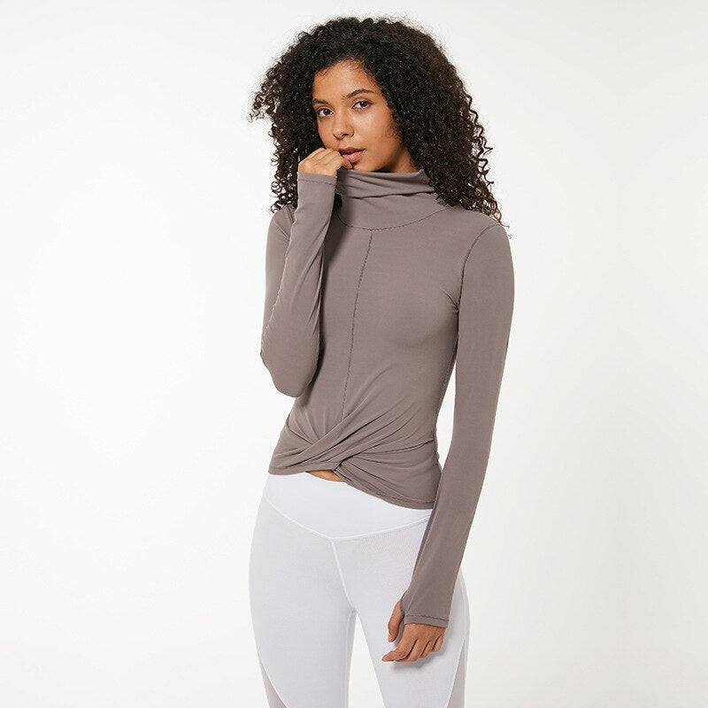 High Collar Yoga Crop Tops with Thumb Hole Sports Athletic Long Sleeve Shirts Women Twist Fitness Gym Tops High Quality | Vimost Shop.
