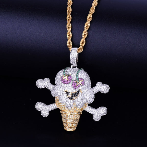 Skull ice cream shape Necklace& Pendant Free Rope Chain Gold Color AAA Cubic Zircon Men's Hip Hop Jewelry For Gift | Vimost Shop.