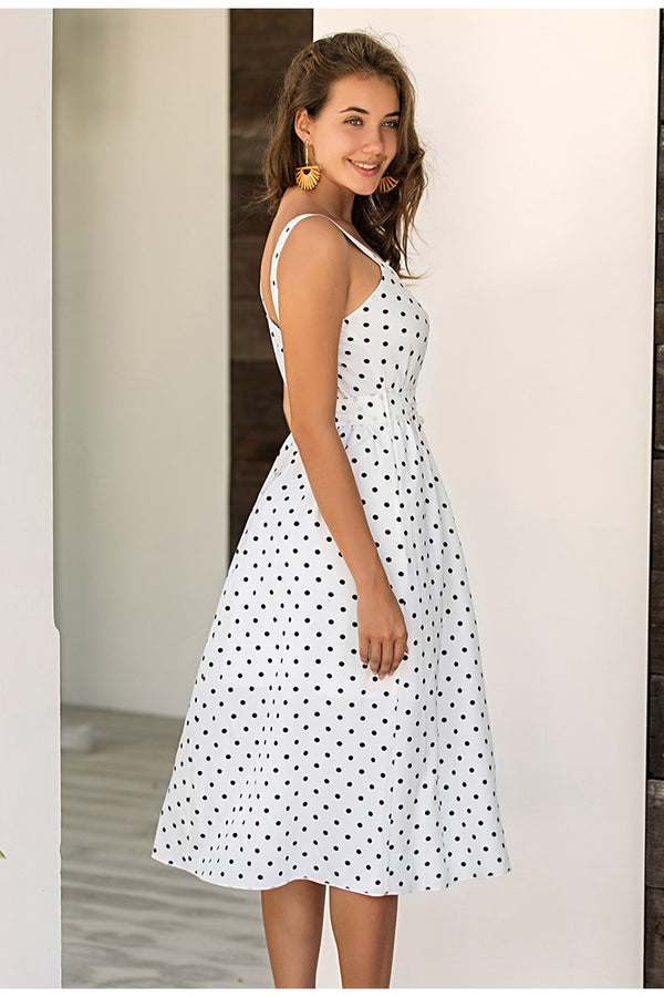 Simplee Polka dot women dress Sleeveless buttons belt bodycon beach midi dress Streetwear casual beach wear holiday summer dress | Vimost Shop.