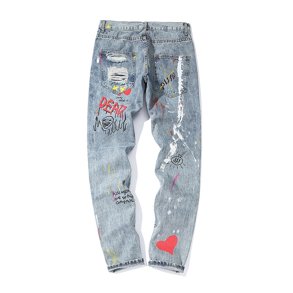 Hip Hop Streetwear Ripped Slim Fit Jeans Skinny Jeans Japan Graffiti Flame Skeleton Print Men Jogger Denim Pants | Vimost Shop.