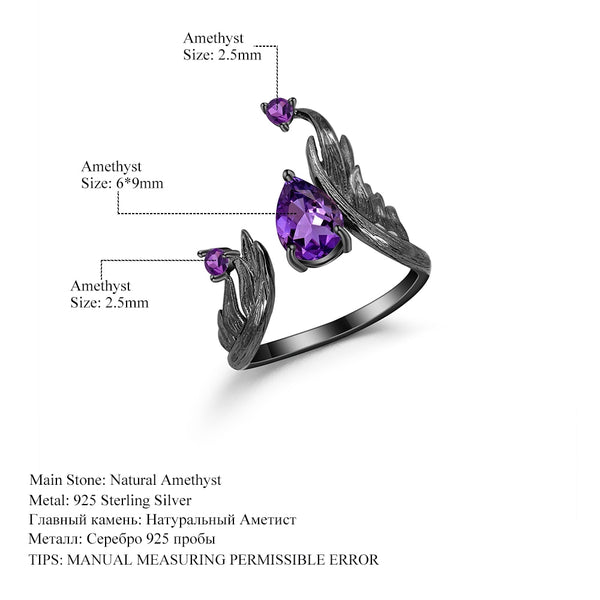 1.43Ct Natural Amethyst Gemstone Rings 925 Sterling Silver Handmade Adjustable Angel's Wing Ring for Women Bijoux | Vimost Shop.