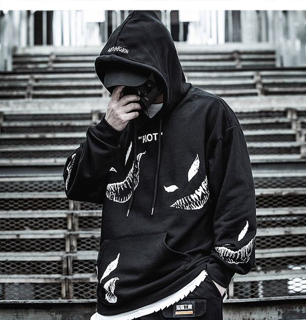 Hip Hop Darkwear Mask Print Loose Hoodies Men Streetwear Techwear Pullover Hoodie Sweatshirt Tops Streetwear | Vimost Shop.