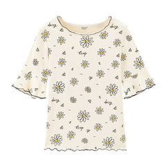 Summer Short Sleeve 100% Cotton Trumpet Sleeve Daisy Print Pattern T-Shirt