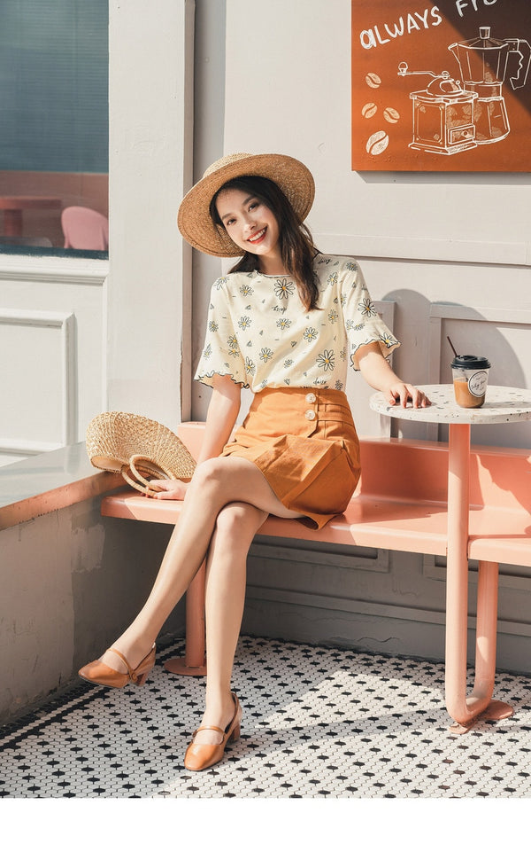 Summer Short Sleeve 100% Cotton Trumpet Sleeve Daisy Print Pattern T-Shirt | Vimost Shop.