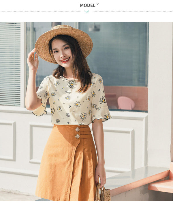 Summer Short Sleeve 100% Cotton Trumpet Sleeve Daisy Print Pattern T-Shirt | Vimost Shop.