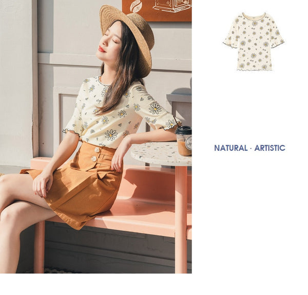 Summer Short Sleeve 100% Cotton Trumpet Sleeve Daisy Print Pattern T-Shirt | Vimost Shop.
