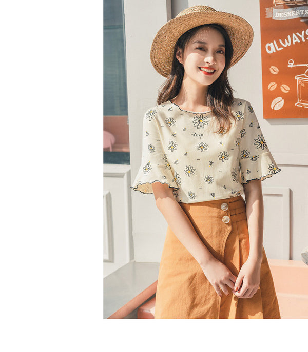 Summer Short Sleeve 100% Cotton Trumpet Sleeve Daisy Print Pattern T-Shirt | Vimost Shop.