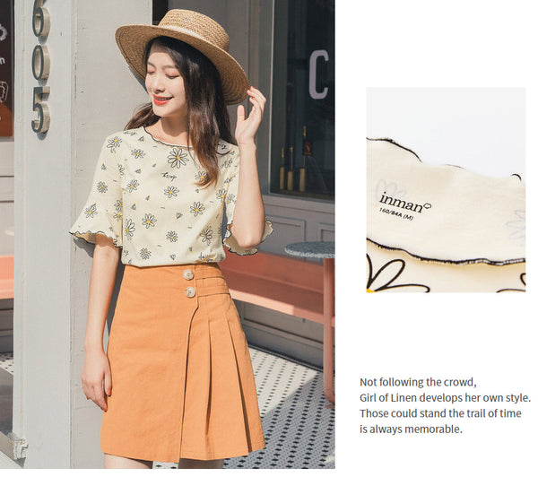 Summer Short Sleeve 100% Cotton Trumpet Sleeve Daisy Print Pattern T-Shirt | Vimost Shop.