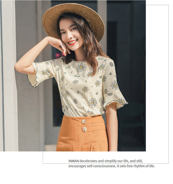 Summer Short Sleeve 100% Cotton Trumpet Sleeve Daisy Print Pattern T-Shirt | Vimost Shop.