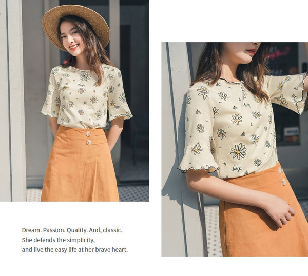 Summer Short Sleeve 100% Cotton Trumpet Sleeve Daisy Print Pattern T-Shirt | Vimost Shop.