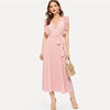 Soild Ruffle Trim Wrap Knot Summer Dress With Belt Women Clothes A Line High Waist Maxi Dress Ladies Pleated Dresses | Vimost Shop.