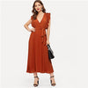 Soild Ruffle Trim Wrap Knot Summer Dress With Belt Women Clothes A Line High Waist Maxi Dress Ladies Pleated Dresses | Vimost Shop.