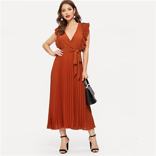 Soild Ruffle Trim Wrap Knot Summer Dress With Belt Women Clothes A Line High Waist Maxi Dress Ladies Pleated Dresses | Vimost Shop.