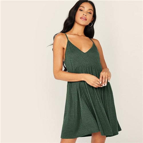 Solid Criss-cross High Waist Slip Cami Dress Women Summer Deep V Neck Pleated Hem Fit and Flare Casual Short Dresses | Vimost Shop.