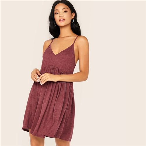 Solid Criss-cross High Waist Slip Cami Dress Women Summer Deep V Neck Pleated Hem Fit and Flare Casual Short Dresses | Vimost Shop.