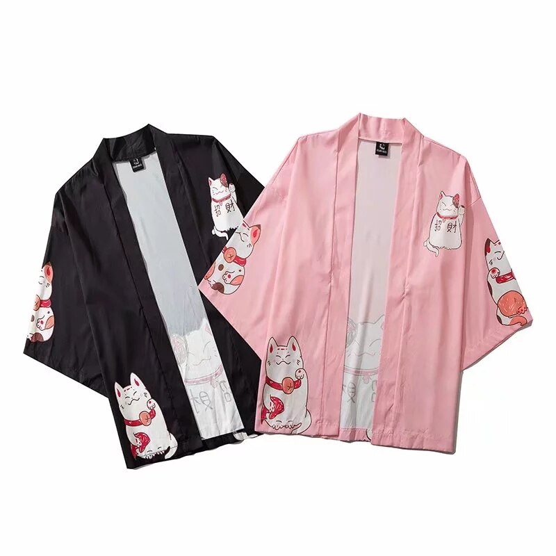 Japan Style Clothes Men Summer Streetwear Cat Print Kimono Cardigan Mandarin Robe Men Unisex Japanese Trend Kimonos | Vimost Shop.