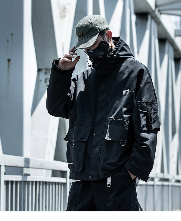 Letter Black Multi-pocket Men's Hip Hop Cargo Jackets Coats Streetwear Cardigan Zipper Casual Techwear Hooded Men Outerwear Top | Vimost Shop.