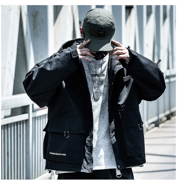 Letter Black Multi-pocket Men's Hip Hop Cargo Jackets Coats Streetwear Cardigan Zipper Casual Techwear Hooded Men Outerwear Top | Vimost Shop.