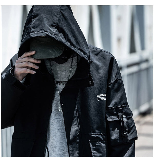 Letter Black Multi-pocket Men's Hip Hop Cargo Jackets Coats Streetwear Cardigan Zipper Casual Techwear Hooded Men Outerwear Top | Vimost Shop.