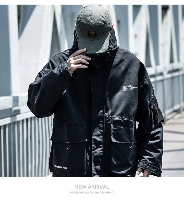Letter Black Multi-pocket Men's Hip Hop Cargo Jackets Coats Streetwear Cardigan Zipper Casual Techwear Hooded Men Outerwear Top | Vimost Shop.