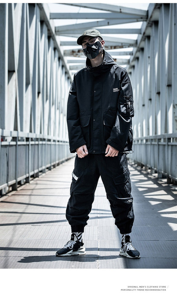 Letter Black Multi-pocket Men's Hip Hop Cargo Jackets Coats Streetwear Cardigan Zipper Casual Techwear Hooded Men Outerwear Top | Vimost Shop.