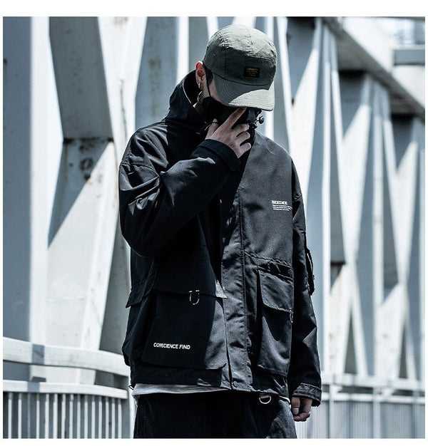 Letter Black Multi-pocket Men's Hip Hop Cargo Jackets Coats Streetwear Cardigan Zipper Casual Techwear Hooded Men Outerwear Top | Vimost Shop.