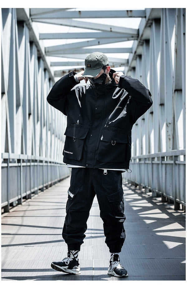 Letter Black Multi-pocket Men's Hip Hop Cargo Jackets Coats Streetwear Cardigan Zipper Casual Techwear Hooded Men Outerwear Top | Vimost Shop.