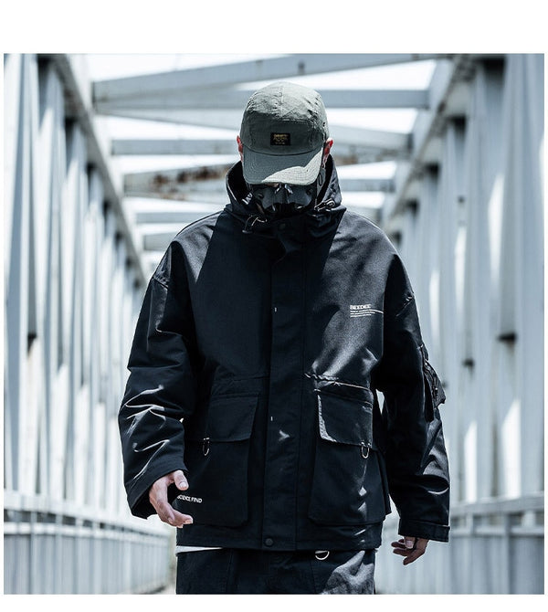 Letter Black Multi-pocket Men's Hip Hop Cargo Jackets Coats Streetwear Cardigan Zipper Casual Techwear Hooded Men Outerwear Top | Vimost Shop.