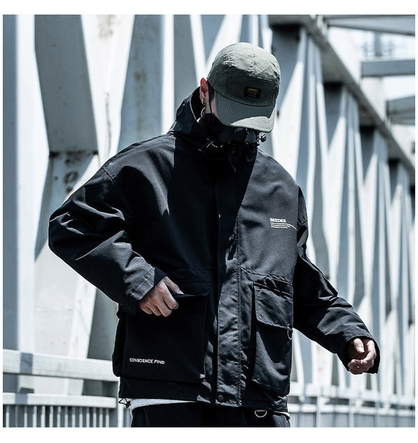 Letter Black Multi-pocket Men's Hip Hop Cargo Jackets Coats Streetwear Cardigan Zipper Casual Techwear Hooded Men Outerwear Top | Vimost Shop.