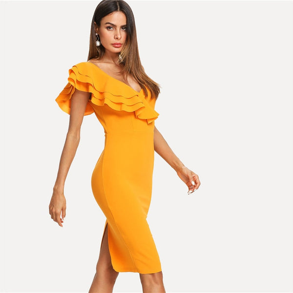 Sleeveless Ruffle Layered Flounce Trim Split Back V Neck Party Bodycon Dress Women Summer Knee Length Slim Pencil Dress | Vimost Shop.