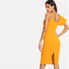 Sleeveless Ruffle Layered Flounce Trim Split Back V Neck Party Bodycon Dress Women Summer Knee Length Slim Pencil Dress | Vimost Shop.