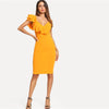 Sleeveless Ruffle Layered Flounce Trim Split Back V Neck Party Bodycon Dress Women Summer Knee Length Slim Pencil Dress | Vimost Shop.