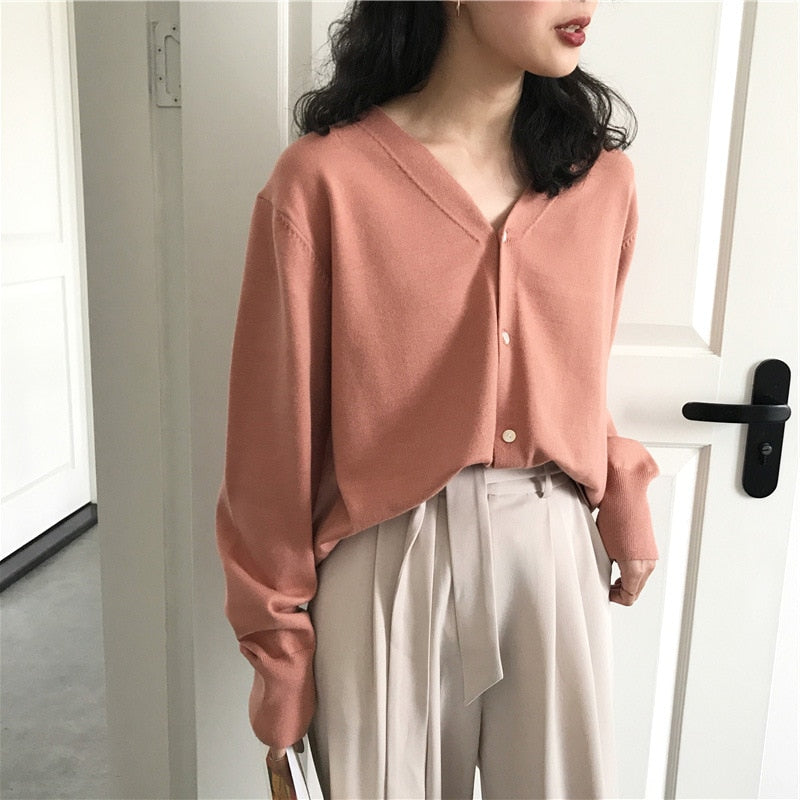 Knitted Cardigan Oversized Sweater Spring Autumn Women Simple Solid Color Bottom Wearing Sweater Fashion For Female