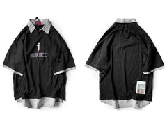 Letter Print Fake Two T Shirt Men Hip Hop Summer Casual Loose Short Sleeve Patchwork Techwear Tshirt Topsni