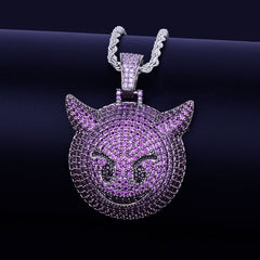 Purple Color Demon Evil Expression Necklace & Pendant With Tennis Chain Bling Zircon Fashion Hip hop Rock Street Jewelry