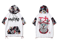 Hip Hop Dark Cat Print Men T Shirt Harajuku Streetwear Hooded Tops Tees Casual Cotton Short Sleeve