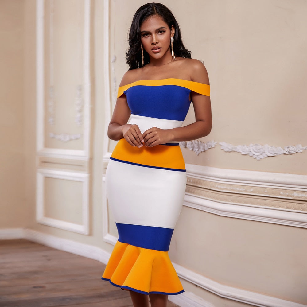 New Arrivals Bandage Dresses Off Shoulder Celebrity Bandage Dresses Yellow Mermaid Party Dresses | Vimost Shop.