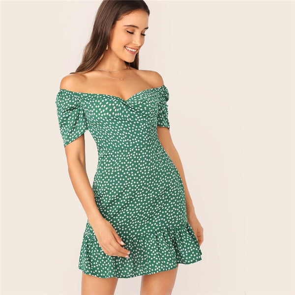 Green Off Shoulder Wrap Front Ruffle Hem Ditsy Floral Mini Dress Women Summer Puff Sleeve High Waist Boho Slim Dresses | Vimost Shop.