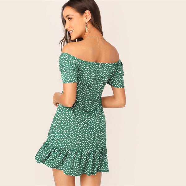 Green Off Shoulder Wrap Front Ruffle Hem Ditsy Floral Mini Dress Women Summer Puff Sleeve High Waist Boho Slim Dresses | Vimost Shop.