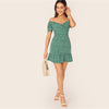 Green Off Shoulder Wrap Front Ruffle Hem Ditsy Floral Mini Dress Women Summer Puff Sleeve High Waist Boho Slim Dresses | Vimost Shop.