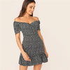 Green Off Shoulder Wrap Front Ruffle Hem Ditsy Floral Mini Dress Women Summer Puff Sleeve High Waist Boho Slim Dresses | Vimost Shop.